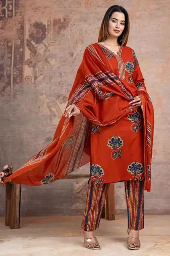 Beautiful jaipuri a women's olive green cotton printed kurti set with a dupatta