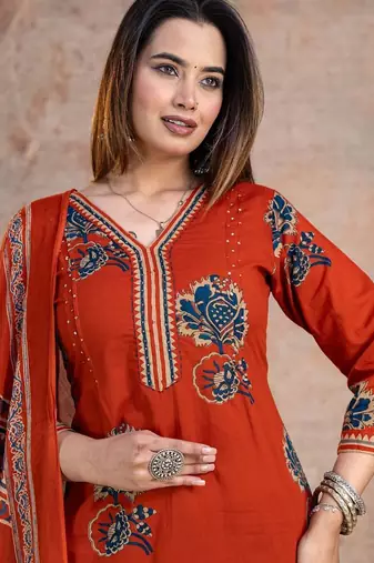 Beautiful jaipuri a women's olive green cotton printed kurti set with a dupatta