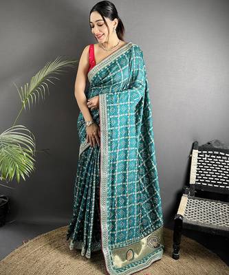 emerald blue vichitra silk blend bandhej bandhani with stone & sequence work saree 1