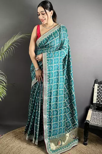 emerald blue vichitra silk blend bandhej bandhani with stone & sequence work saree