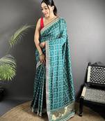 emerald blue vichitra silk blend bandhej bandhani with stone & sequence work saree