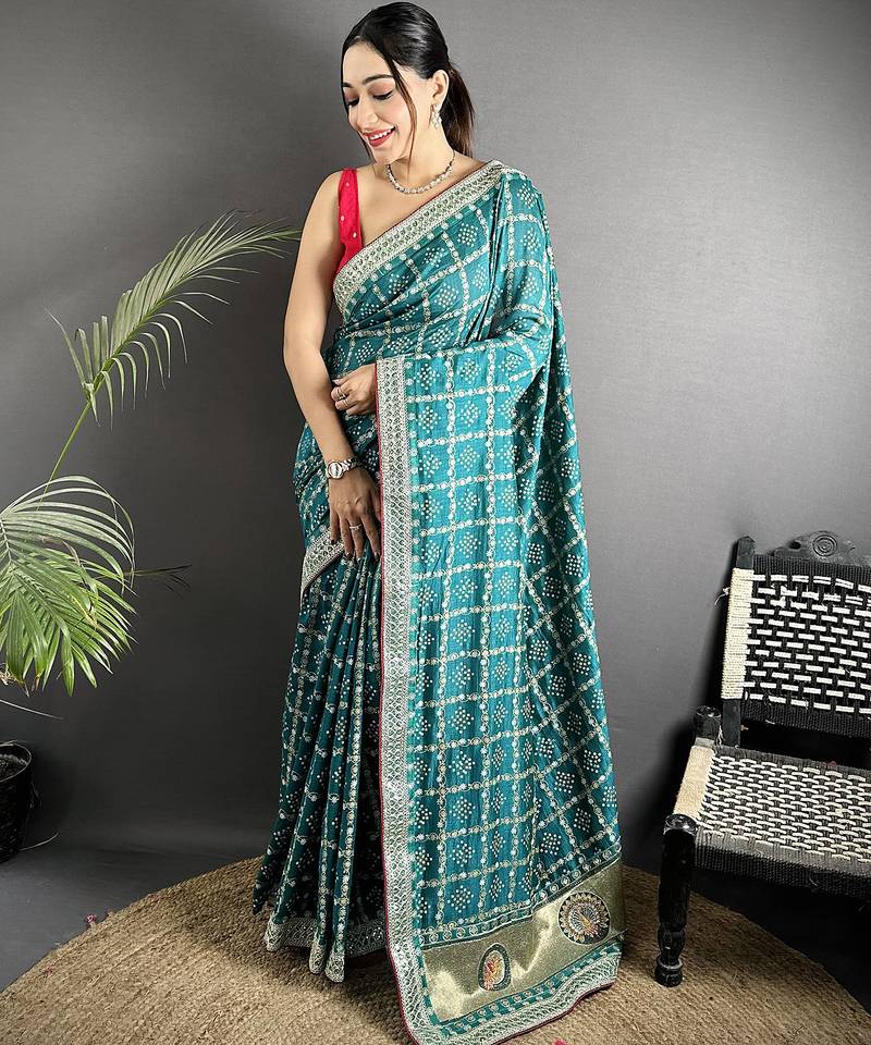 emerald blue vichitra silk blend bandhej bandhani with stone & sequence work saree