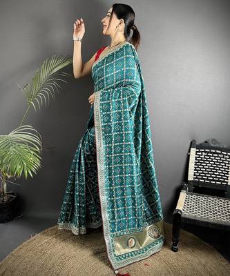 emerald blue vichitra silk blend bandhej bandhani with stone & sequence work saree 2