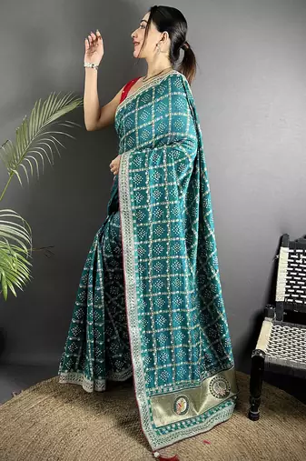 emerald blue vichitra silk blend bandhej bandhani with stone & sequence work saree