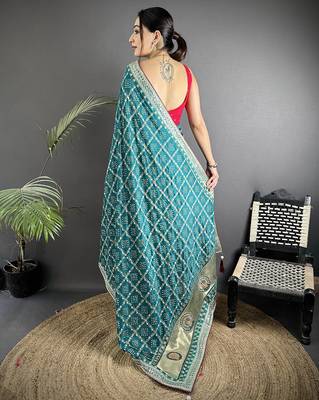 emerald blue vichitra silk blend bandhej bandhani with stone & sequence work saree 3