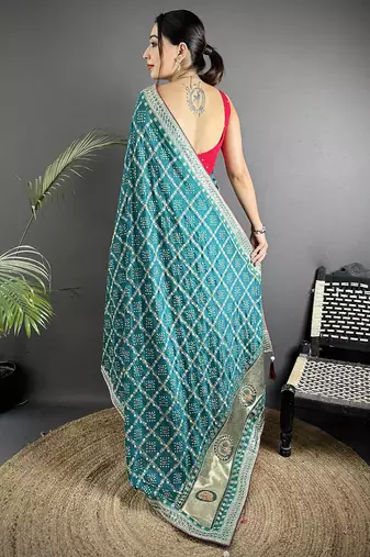 emerald blue vichitra silk blend bandhej bandhani with stone & sequence work saree
