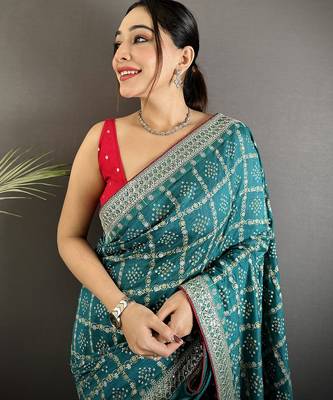 emerald blue vichitra silk blend bandhej bandhani with stone & sequence work saree 4
