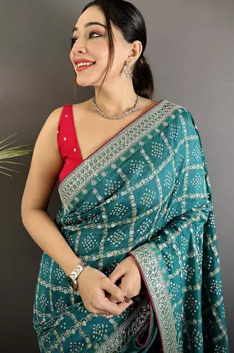 emerald blue vichitra silk blend bandhej bandhani with stone & sequence work saree