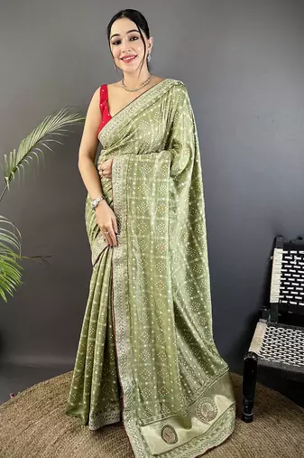 mehendi green vichitra silk blend bandhej bandhani with stone & sequence work saree