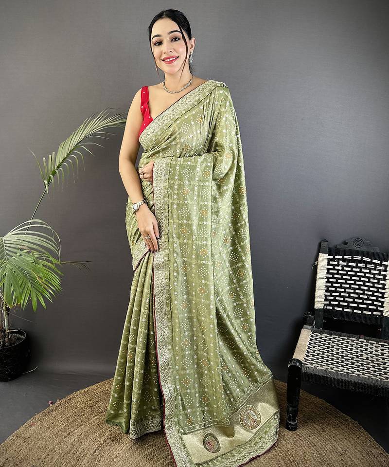 mehendi green vichitra silk blend bandhej bandhani with stone & sequence work saree
