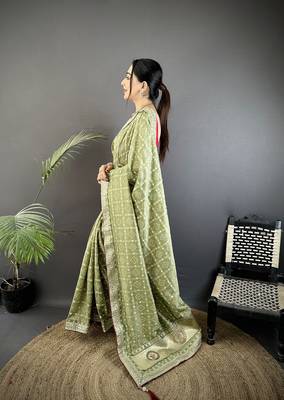 mehendi green vichitra silk blend bandhej bandhani with stone & sequence work saree 2