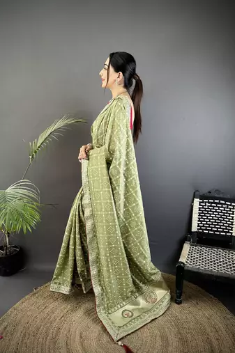 mehendi green vichitra silk blend bandhej bandhani with stone & sequence work saree