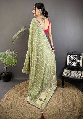 mehendi green vichitra silk blend bandhej bandhani with stone & sequence work saree 3