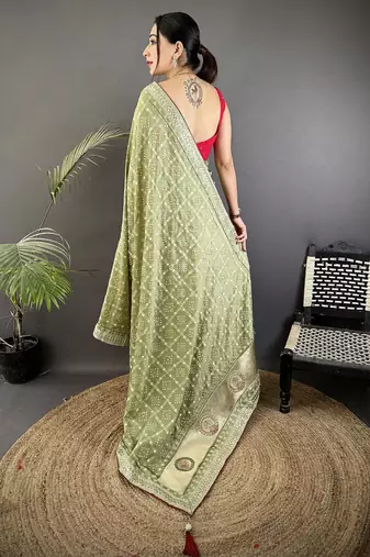 mehendi green vichitra silk blend bandhej bandhani with stone & sequence work saree