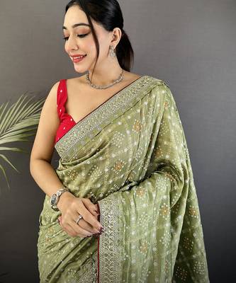 mehendi green vichitra silk blend bandhej bandhani with stone & sequence work saree 4