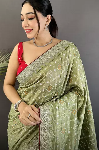 mehendi green vichitra silk blend bandhej bandhani with stone & sequence work saree