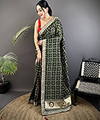 dark green vichitra silk blend bandhej bandhani with stone & sequence work saree 1