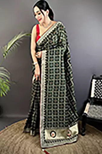 dark green vichitra silk blend bandhej bandhani with stone & sequence work saree