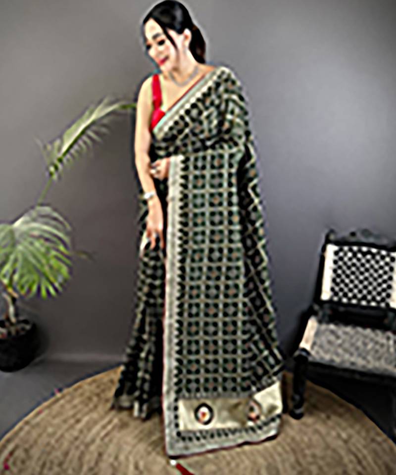 dark green vichitra silk blend bandhej bandhani with stone & sequence work saree