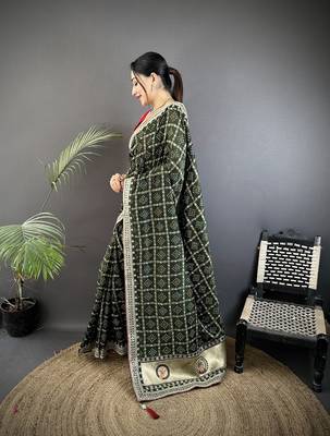 dark green vichitra silk blend bandhej bandhani with stone & sequence work saree 2