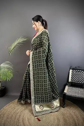 dark green vichitra silk blend bandhej bandhani with stone & sequence work saree