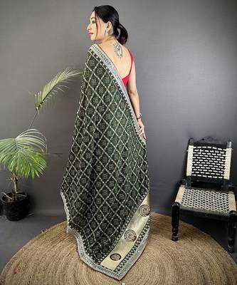 dark green vichitra silk blend bandhej bandhani with stone & sequence work saree 3