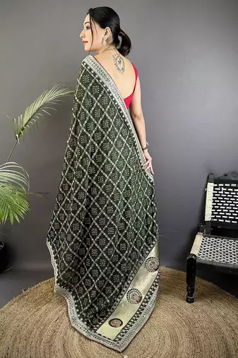 dark green vichitra silk blend bandhej bandhani with stone & sequence work saree