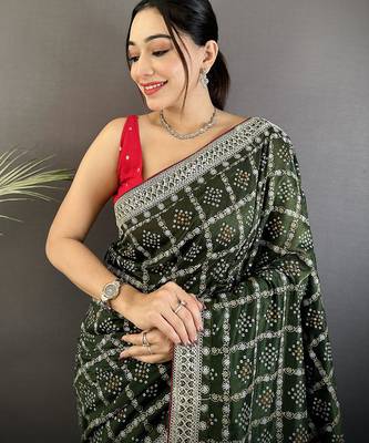 dark green vichitra silk blend bandhej bandhani with stone & sequence work saree 4