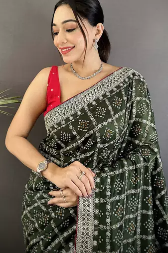 dark green vichitra silk blend bandhej bandhani with stone & sequence work saree
