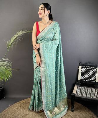 sea green vichitra silk blend bandhej bandhani with stone & sequence work saree 1