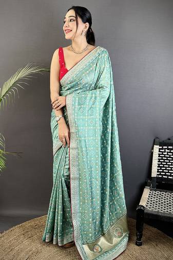 sea green vichitra silk blend bandhej bandhani with stone & sequence work saree