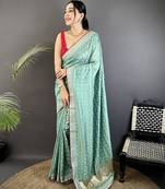 sea green vichitra silk blend bandhej bandhani with stone & sequence work saree