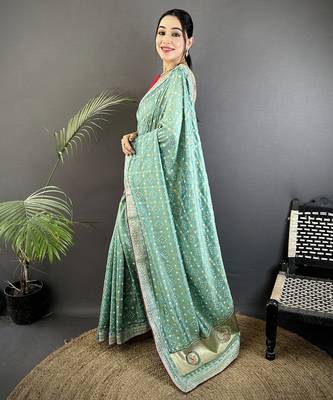 sea green vichitra silk blend bandhej bandhani with stone & sequence work saree 2
