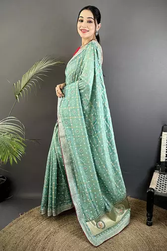 sea green vichitra silk blend bandhej bandhani with stone & sequence work saree