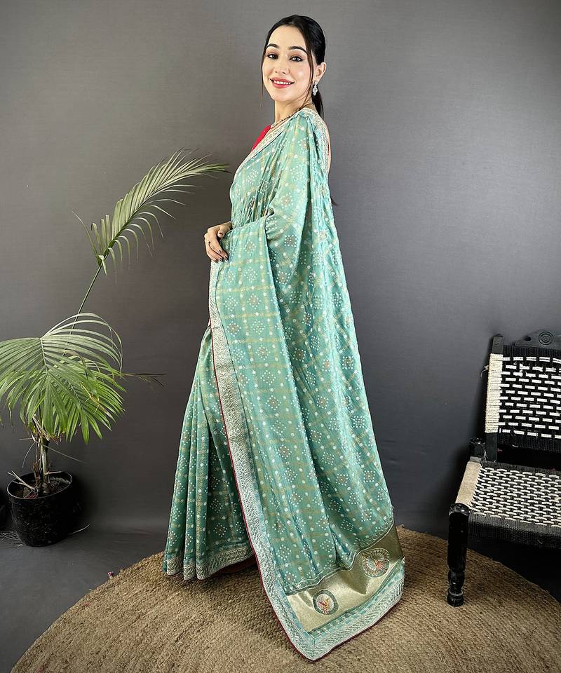 sea green vichitra silk blend bandhej bandhani with stone & sequence work saree