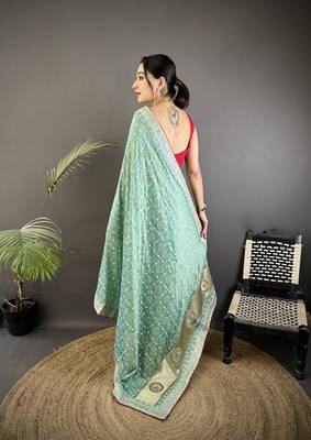 sea green vichitra silk blend bandhej bandhani with stone & sequence work saree 3