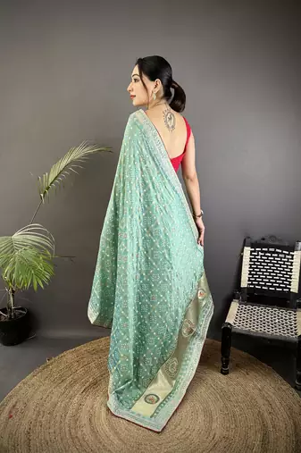 sea green vichitra silk blend bandhej bandhani with stone & sequence work saree