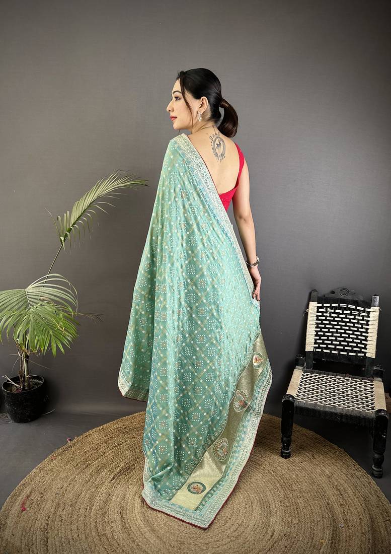 sea green vichitra silk blend bandhej bandhani with stone & sequence work saree