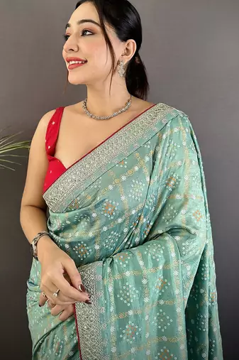 sea green vichitra silk blend bandhej bandhani with stone & sequence work saree