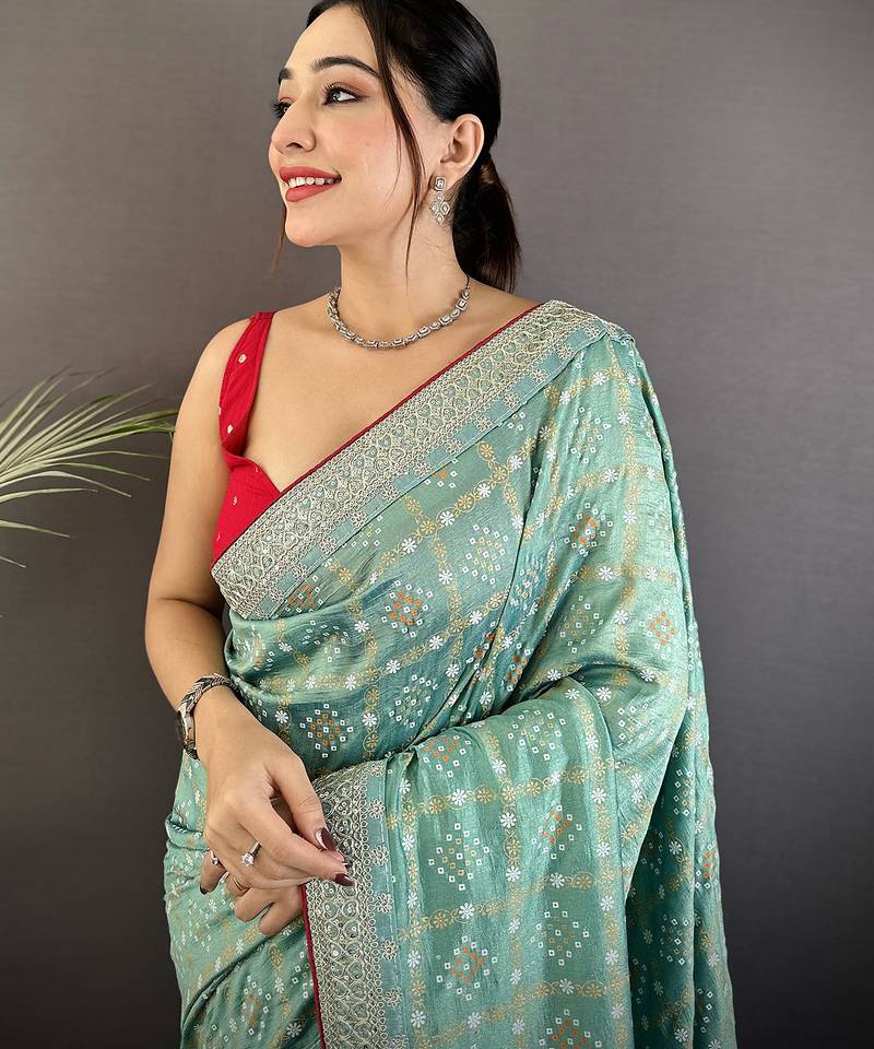 sea green vichitra silk blend bandhej bandhani with stone & sequence work saree