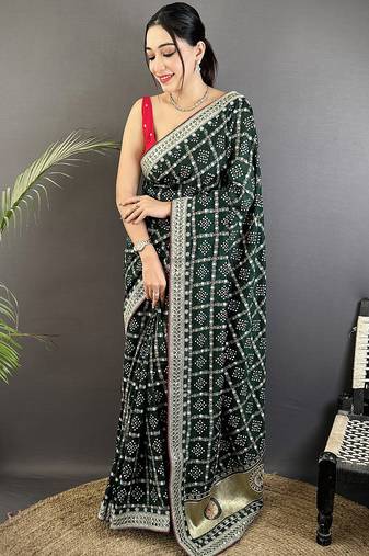 dark green vichitra silk blend bandhej bandhani with stone & sequence work saree
