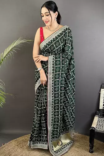 dark green vichitra silk blend bandhej bandhani with stone & sequence work saree