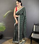 dark green vichitra silk blend bandhej bandhani with stone & sequence work saree
