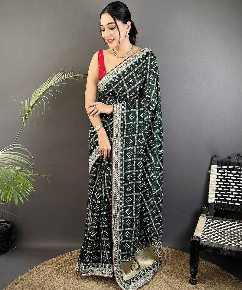 dark green vichitra silk blend bandhej bandhani with stone & sequence work saree