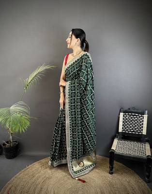 dark green vichitra silk blend bandhej bandhani with stone & sequence work saree 2