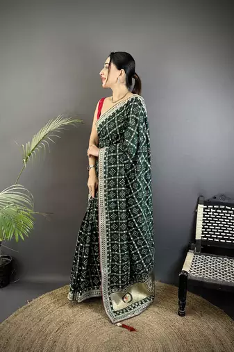 dark green vichitra silk blend bandhej bandhani with stone & sequence work saree