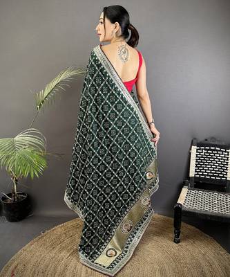 dark green vichitra silk blend bandhej bandhani with stone & sequence work saree 3