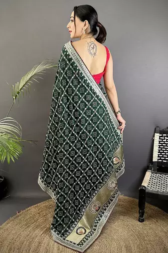 dark green vichitra silk blend bandhej bandhani with stone & sequence work saree