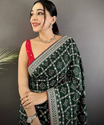 dark green vichitra silk blend bandhej bandhani with stone & sequence work saree 4