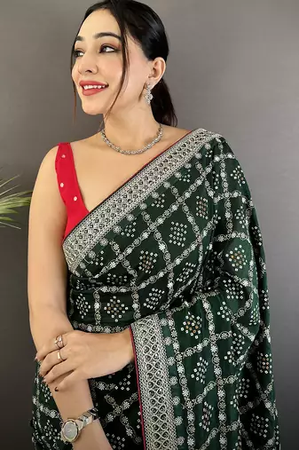 dark green vichitra silk blend bandhej bandhani with stone & sequence work saree